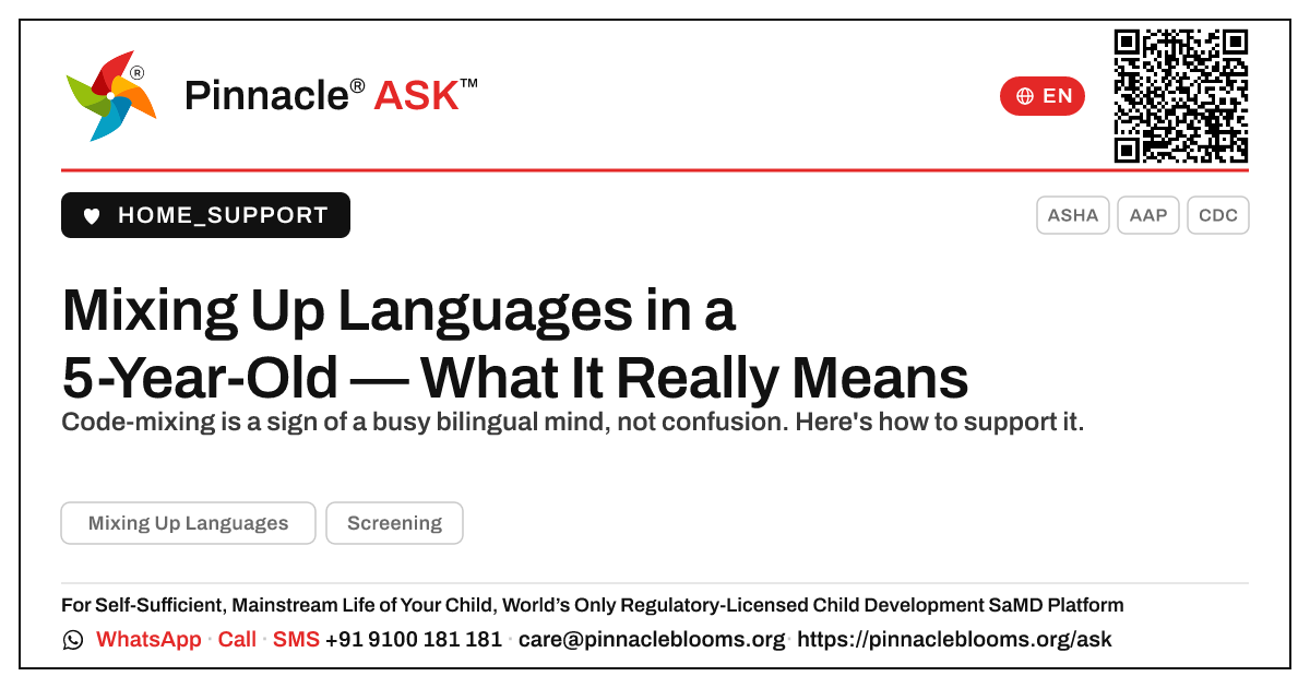 How do I handle mixing up languages in a 5-year-old? — Pinnacle Ask answer card with a short explanation and QR link