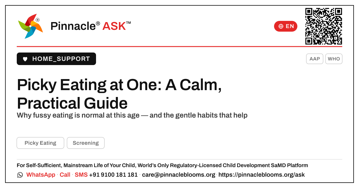 How do I handle picky eating in a 1-year-old? — Pinnacle Ask answer card with a short explanation and QR link