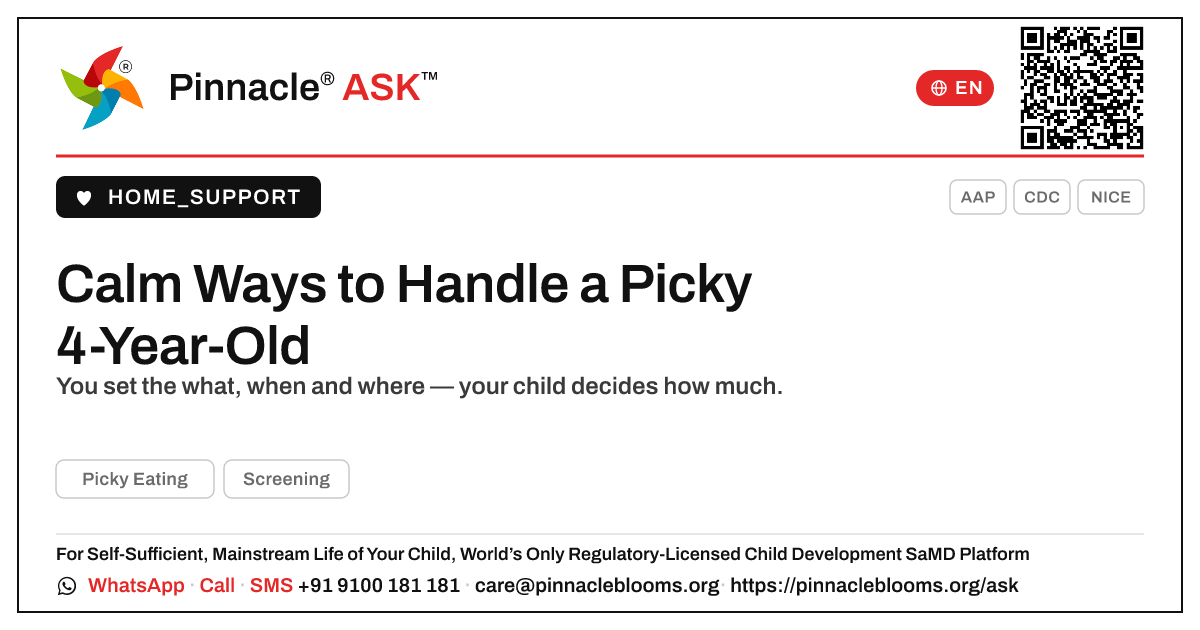 How do I handle picky eating in a 4-year-old? — Pinnacle Ask answer card with a short explanation and QR link