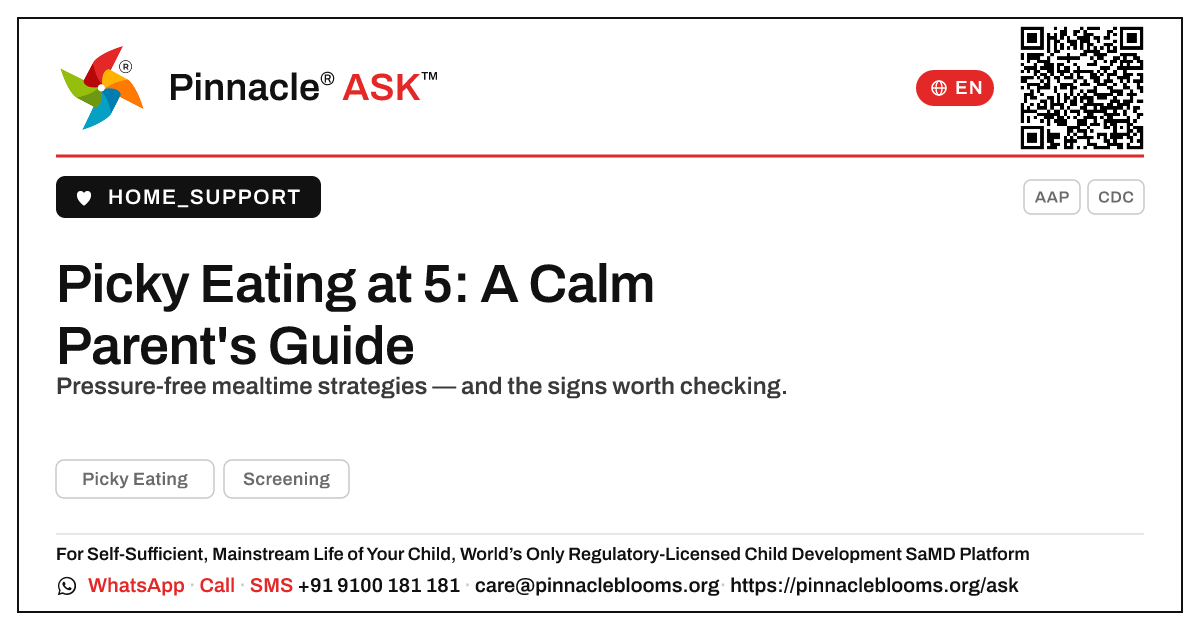 How do I handle picky eating in a 5-year-old? — Pinnacle Ask answer card with a short explanation and QR link