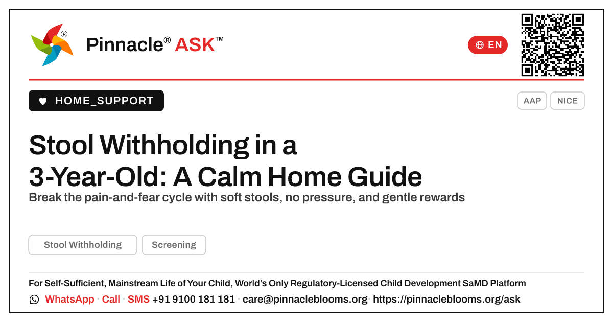 How do I handle stool withholding in a 3-year-old? — Pinnacle Ask answer card with a short explanation and QR link