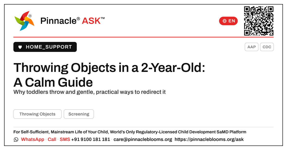 How do I handle throwing objects in a 2-year-old? — Pinnacle Ask answer card with a short explanation and QR link