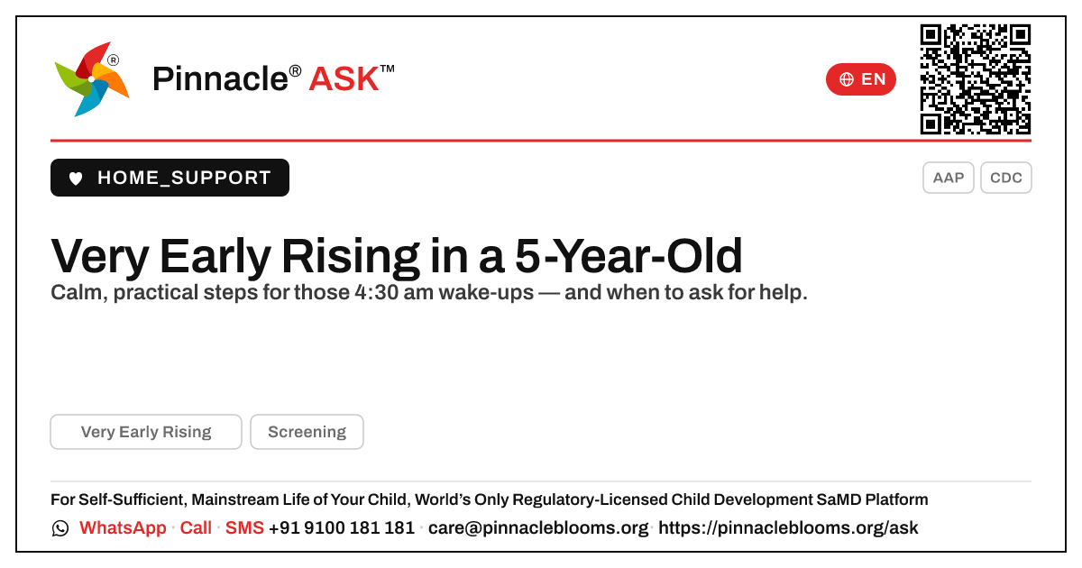 How do I handle very early rising in a 5-year-old? — Pinnacle Ask answer card with a short explanation and QR link