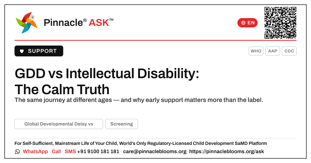 Global Developmental Delay vs Intellectual Disability — Pinnacle Ask answer card with a short explanation and QR link