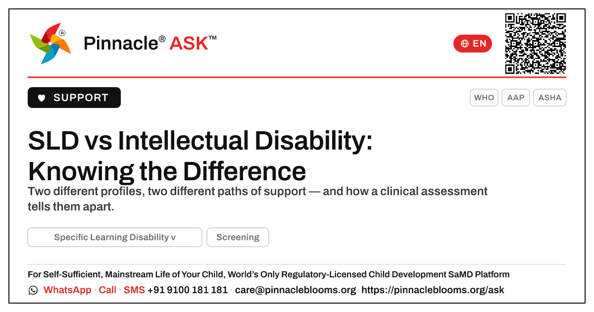 How do I know if my child has Specific Learning Disability or Intellectual Disability? — Pinnacle Ask answer card with a short explanation and QR link