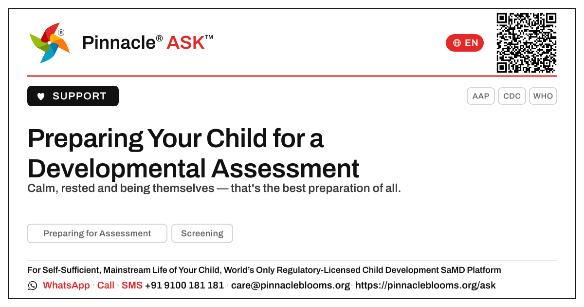 How do I prepare my child for a developmental assessment? — Pinnacle Ask answer card with a short explanation and QR link