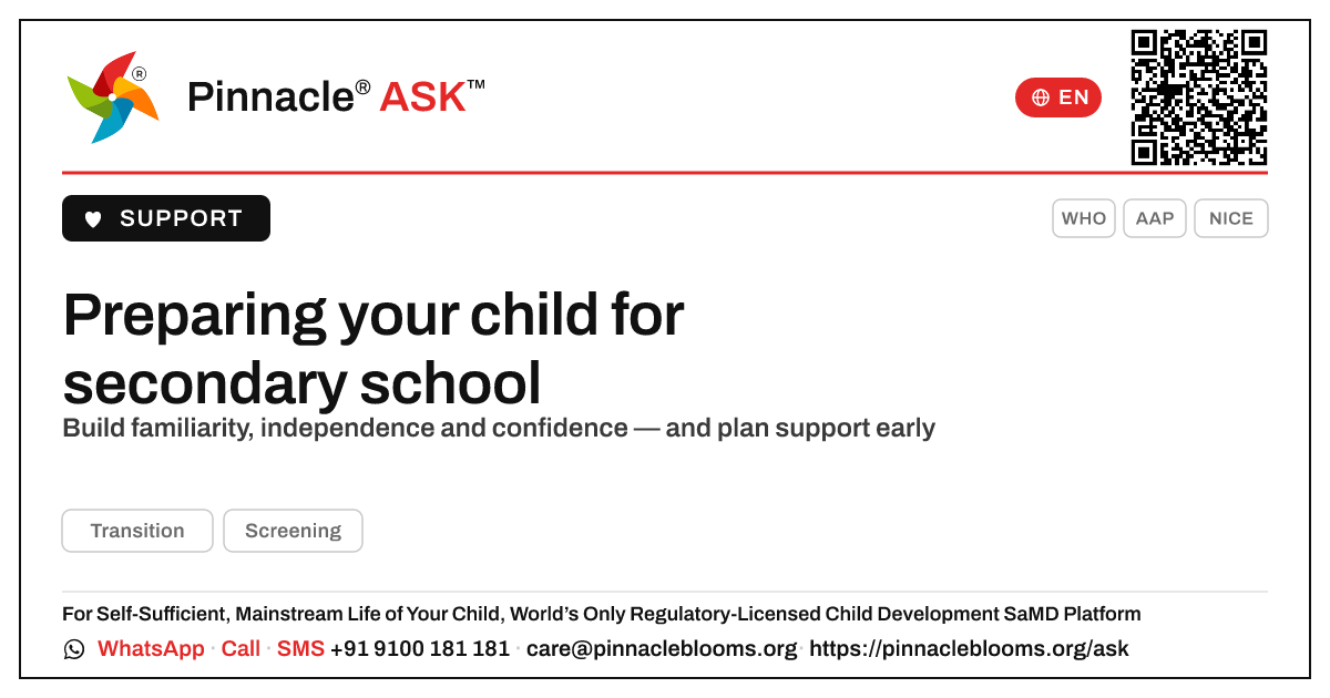 How do I prepare my child for secondary school? — Pinnacle Ask answer card with a short explanation and QR link