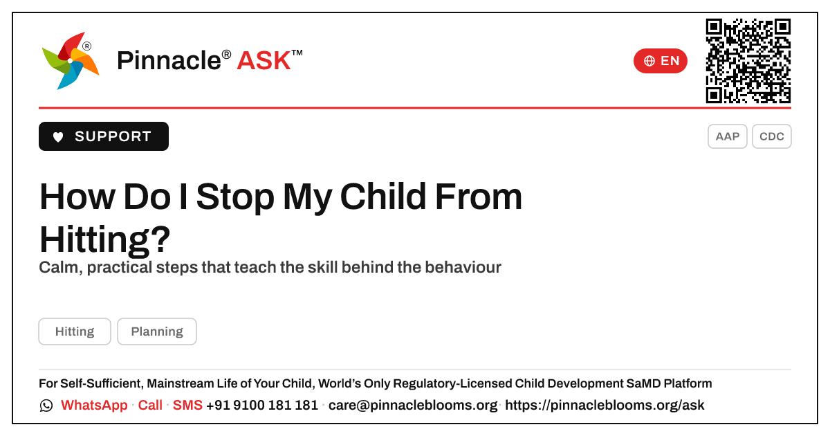 How Do I Stop My Child From Hitting? — Pinnacle Ask answer card with a short explanation and QR link