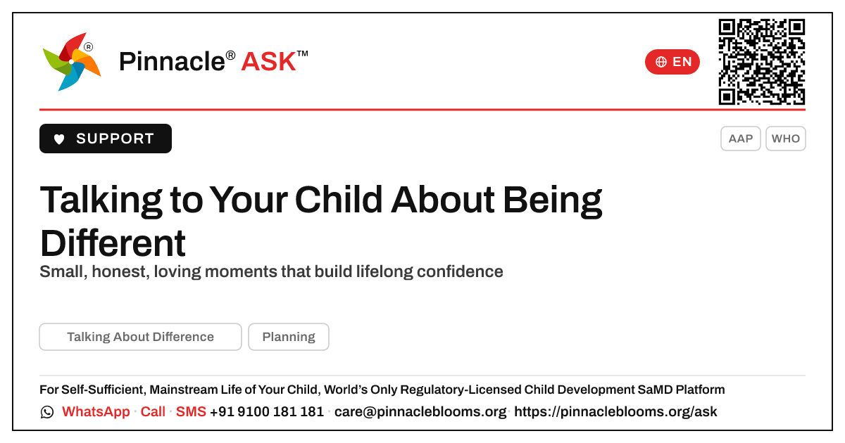 How do I talk to my child about being different? — Pinnacle Ask answer card with a short explanation and QR link
