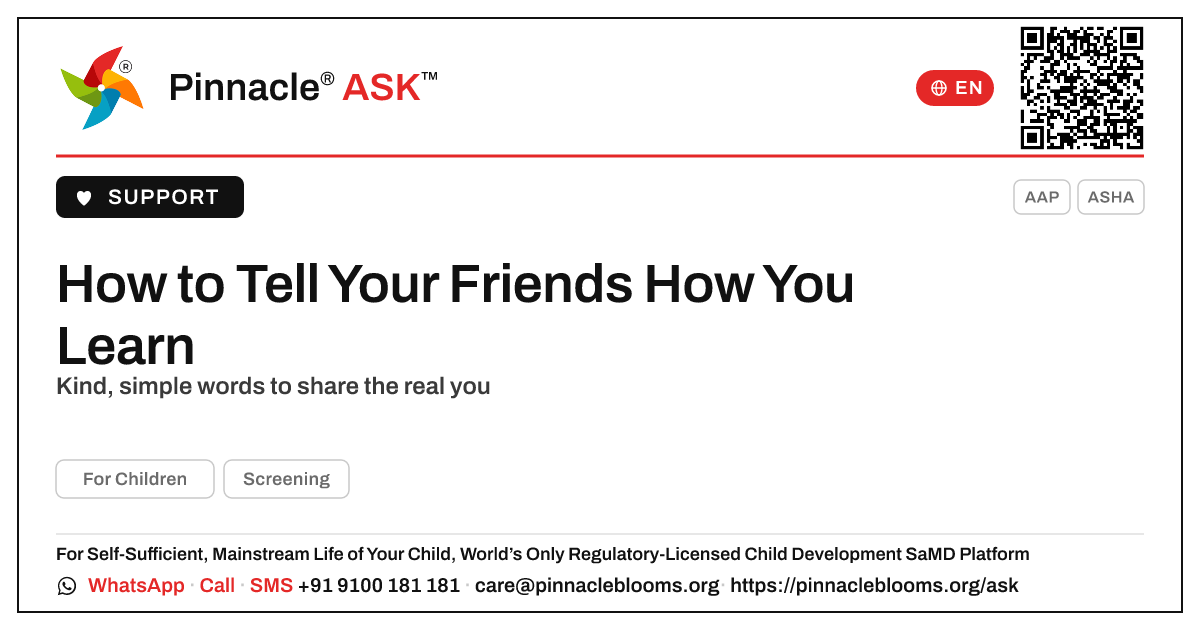 How do I tell my friends about how I learn? — Pinnacle Ask answer card with a short explanation and QR link