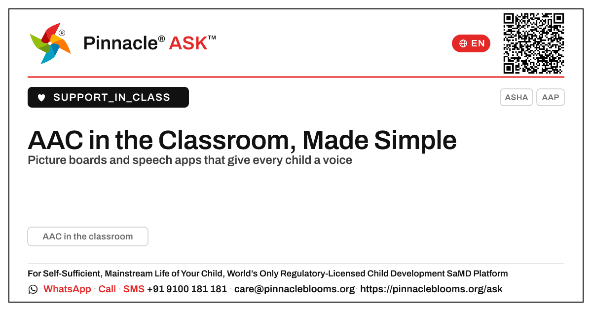 How Picture Boards and AAC Tools Work in a Classroom — Pinnacle Ask answer card with a short explanation and QR link
