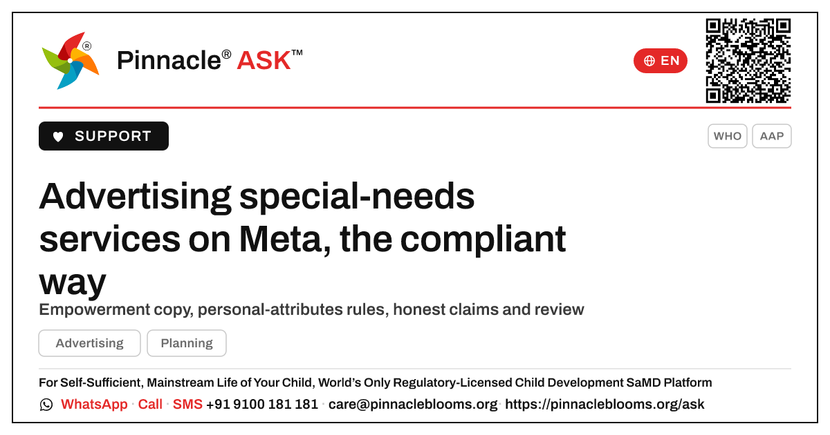 How to advertise special-needs services on Meta within platform policy — Pinnacle Ask answer card with a short explanation and QR link