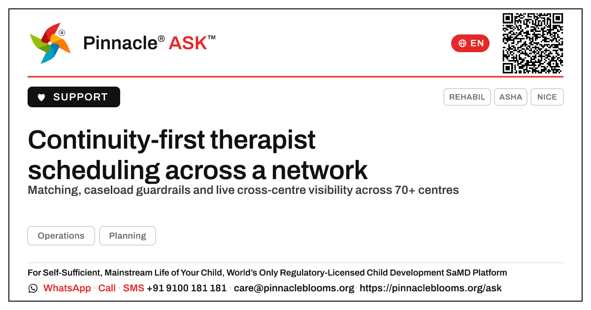 How do you schedule therapists across a network of centres? — Pinnacle Ask answer card with a short explanation and QR link