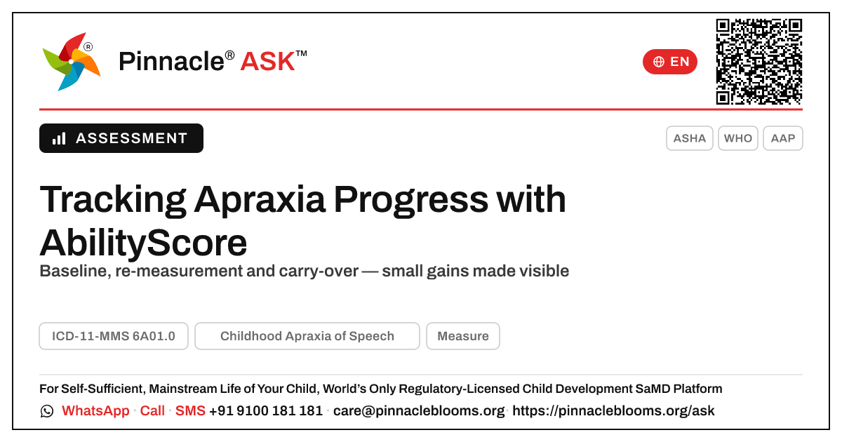 How AbilityScore Tracks Progress in Childhood Apraxia of Speech — Pinnacle Ask answer card with a short explanation and QR link