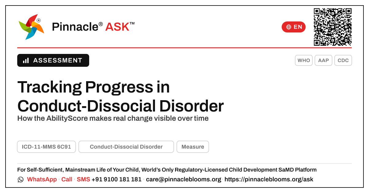 How AbilityScore Tracks Progress in Conduct-Dissocial Disorder — Pinnacle Ask answer card with a short explanation and QR link