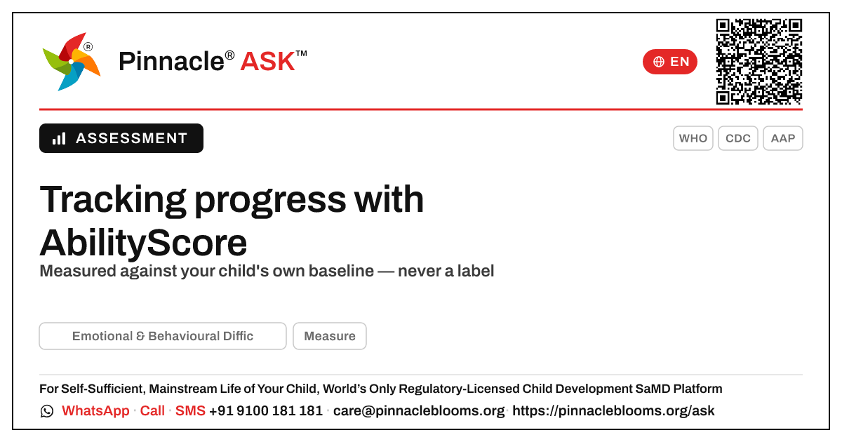 How AbilityScore tracks progress in Emotional & Behavioural Difficulties — Pinnacle Ask answer card with a short explanation and QR link