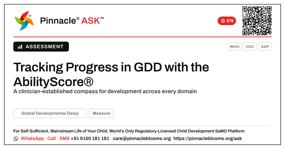 How the AbilityScore® Tracks Progress in Global Developmental Delay — Pinnacle Ask answer card with a short explanation and QR link