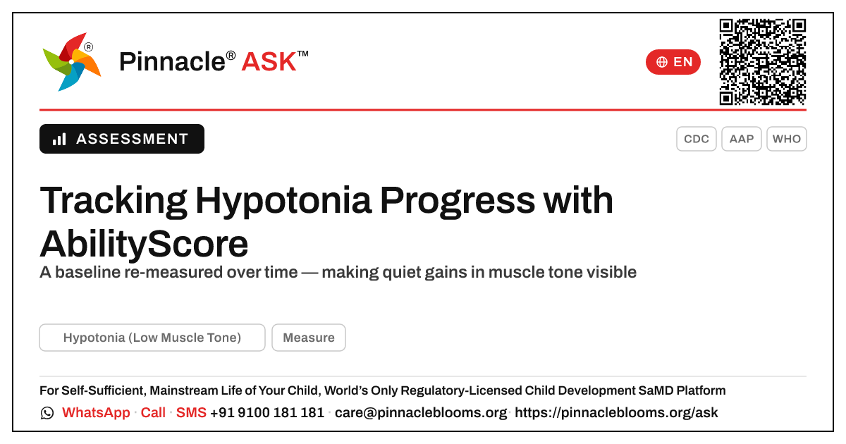 How AbilityScore Tracks Progress in a Child with Hypotonia — Pinnacle Ask answer card with a short explanation and QR link