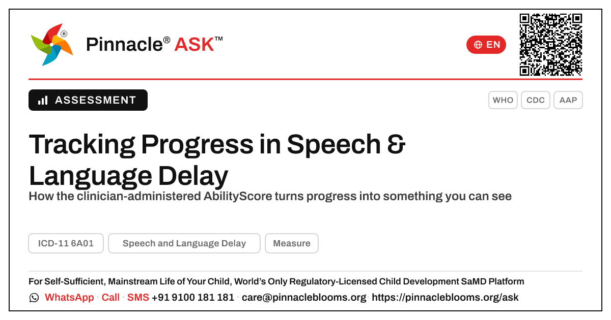How AbilityScore Tracks Progress in Speech and Language Delay — Pinnacle Ask answer card with a short explanation and QR link