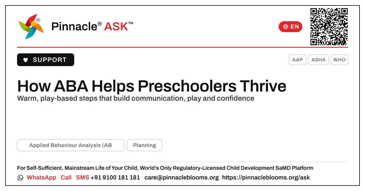 How Does ABA Help Preschoolers? — Pinnacle Ask answer card with a short explanation and QR link