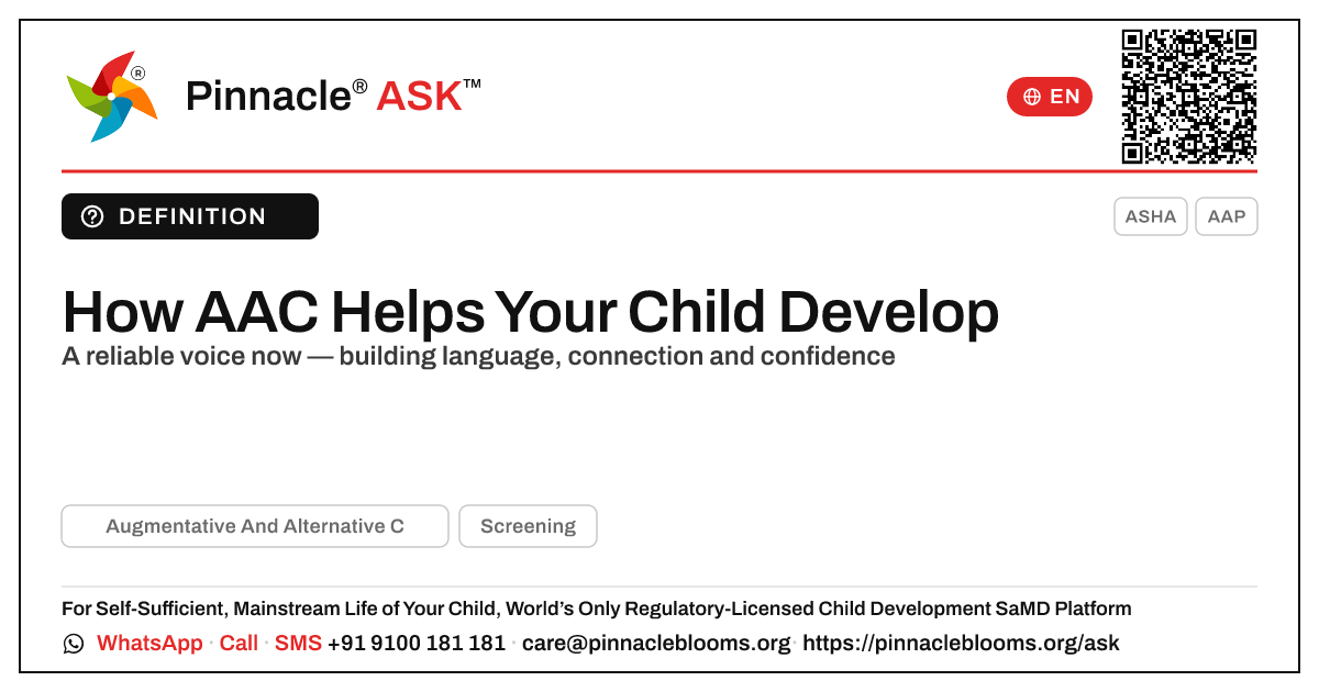 How does AAC help a child develop? — Pinnacle Ask answer card with a short explanation and QR link