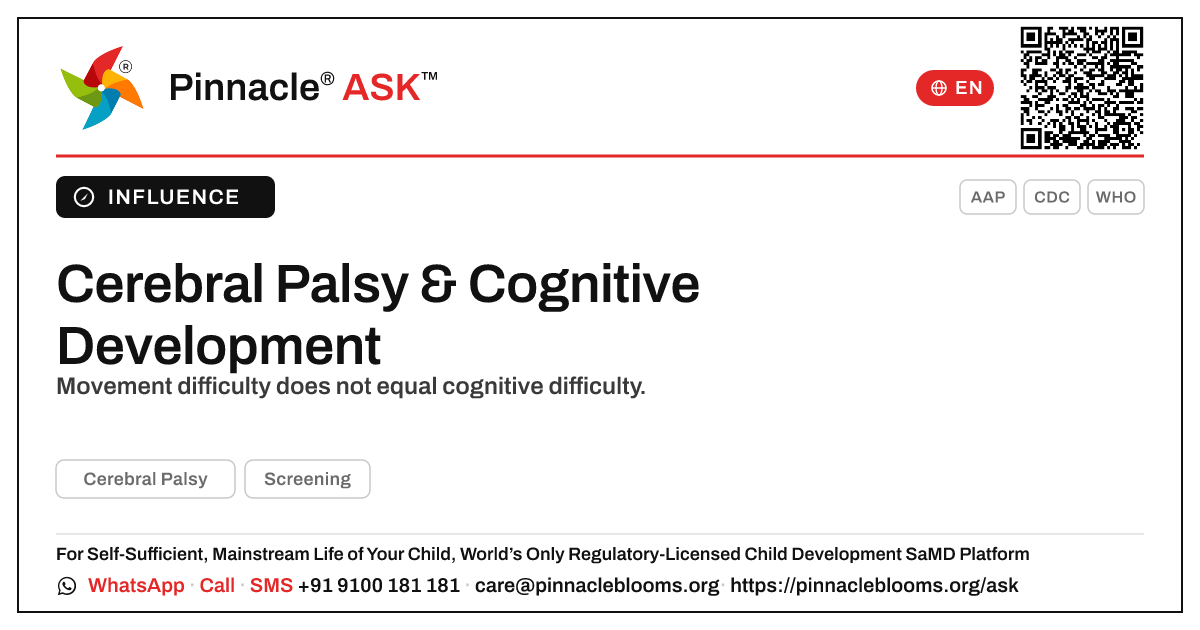 How Cerebral Palsy Affects Cognitive Development — Pinnacle Ask answer card with a short explanation and QR link