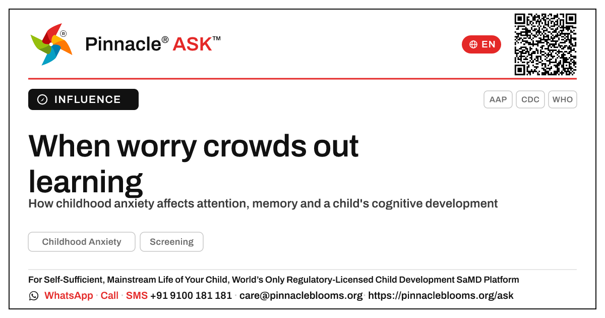 How Childhood Anxiety Affects Cognitive Development — Pinnacle Ask answer card with a short explanation and QR link