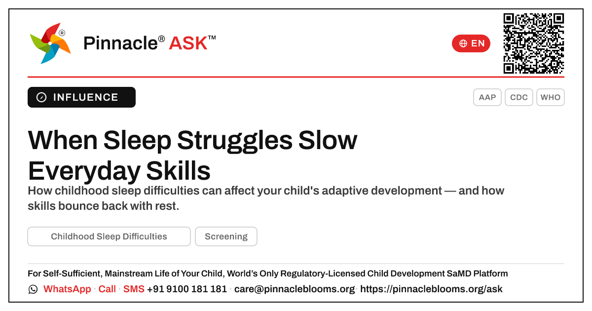 How Childhood Sleep Difficulties Affect Adaptive Development — Pinnacle Ask answer card with a short explanation and QR link