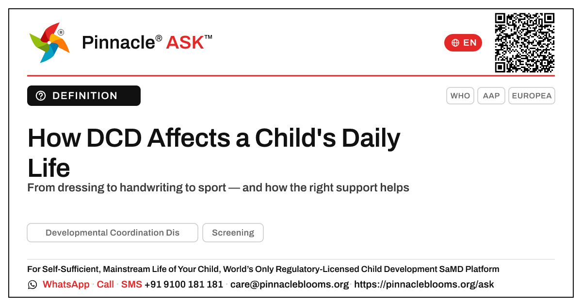 How Developmental Coordination Disorder Affects a Child's Daily Life — Pinnacle Ask answer card with a short explanation and QR link