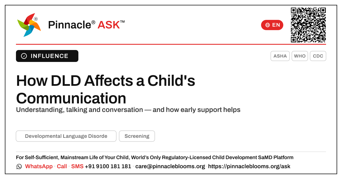 How Developmental Language Disorder Affects Communication — Pinnacle Ask answer card with a short explanation and QR link