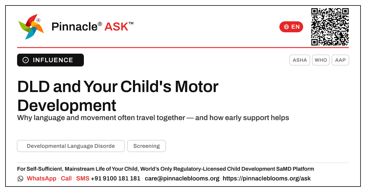 How Developmental Language Disorder affects motor development — Pinnacle Ask answer card with a short explanation and QR link
