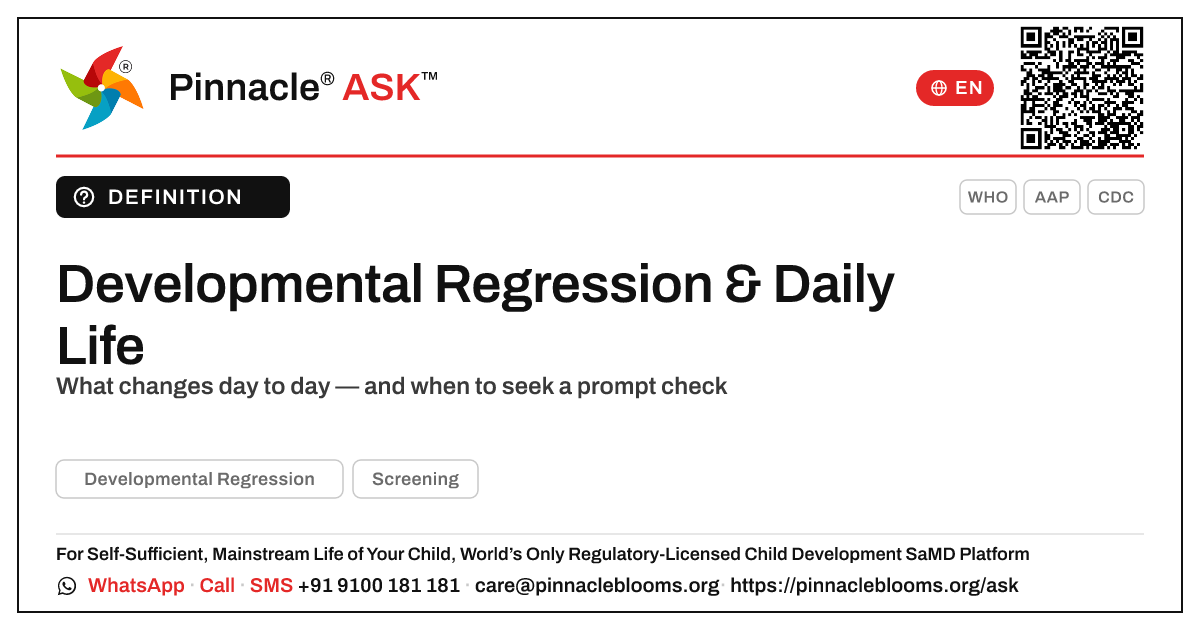 How Developmental Regression Affects a Child's Daily Life — Pinnacle Ask answer card with a short explanation and QR link