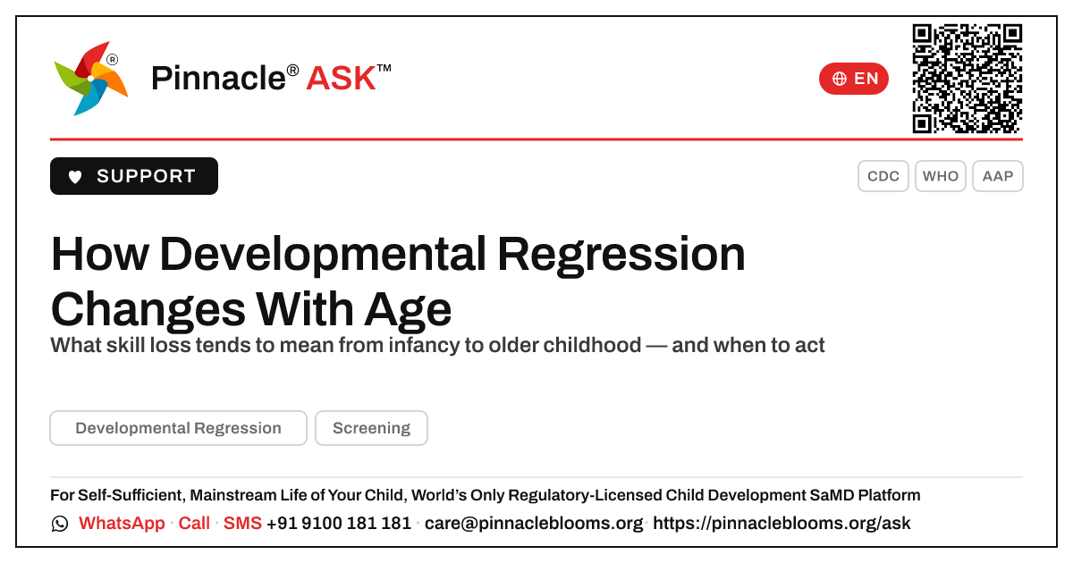 How Developmental Regression Changes as a Child Grows — Pinnacle Ask answer card with a short explanation and QR link