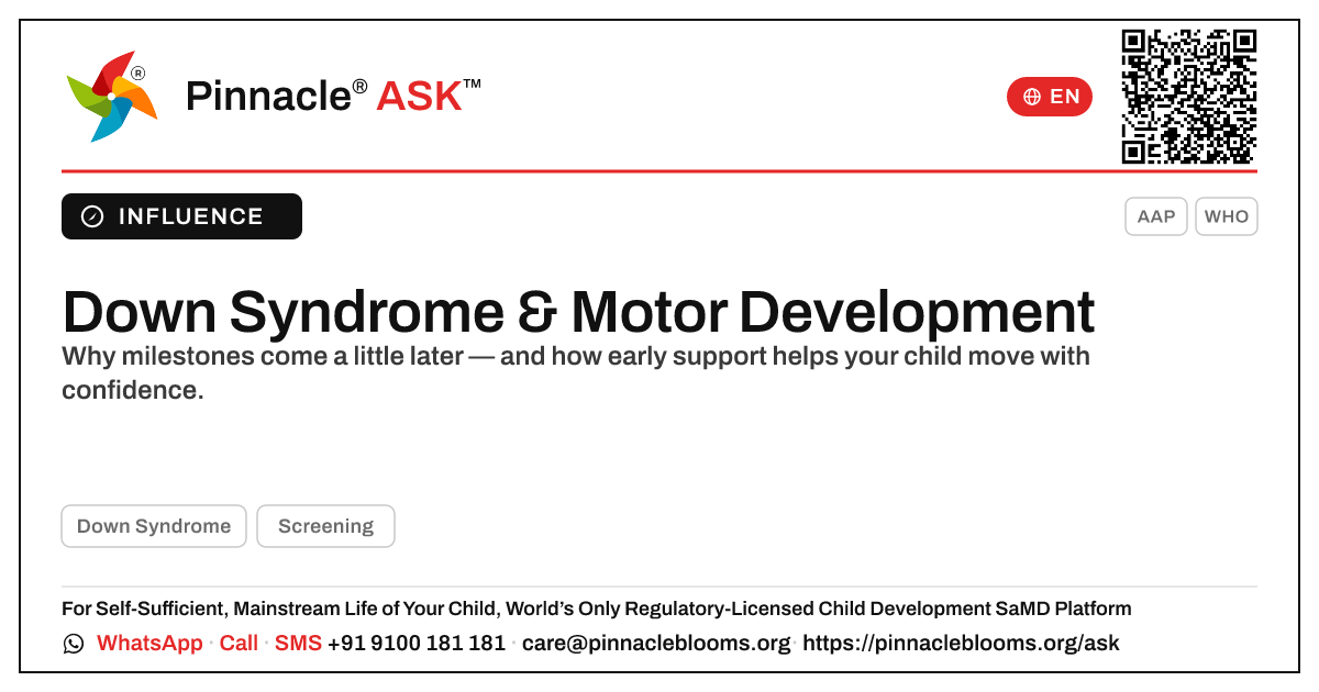 How Down Syndrome Affects Motor Development — Pinnacle Ask answer card with a short explanation and QR link