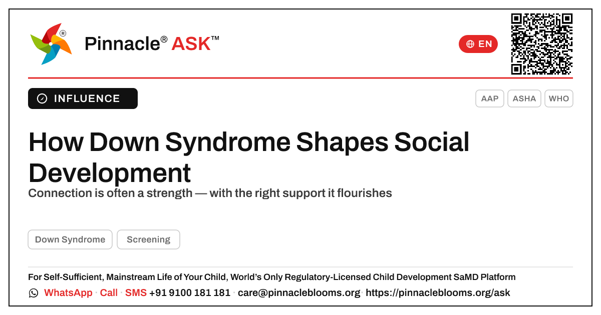 How Down Syndrome Affects a Child's Social Development — Pinnacle Ask answer card with a short explanation and QR link