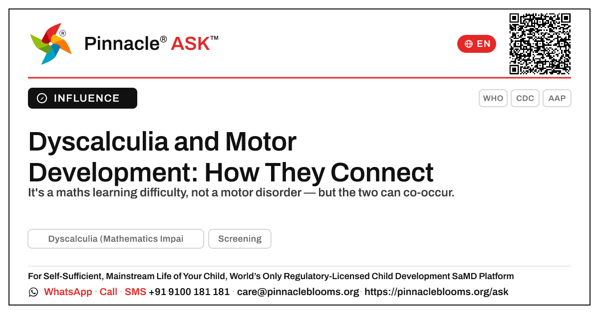 Does Dyscalculia Affect a Child's Motor Development? — Pinnacle Ask answer card with a short explanation and QR link