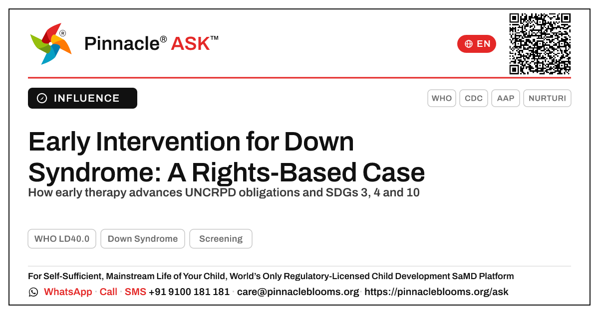 Early Intervention for Down Syndrome and the UNCRPD & SDGs — Pinnacle Ask answer card with a short explanation and QR link