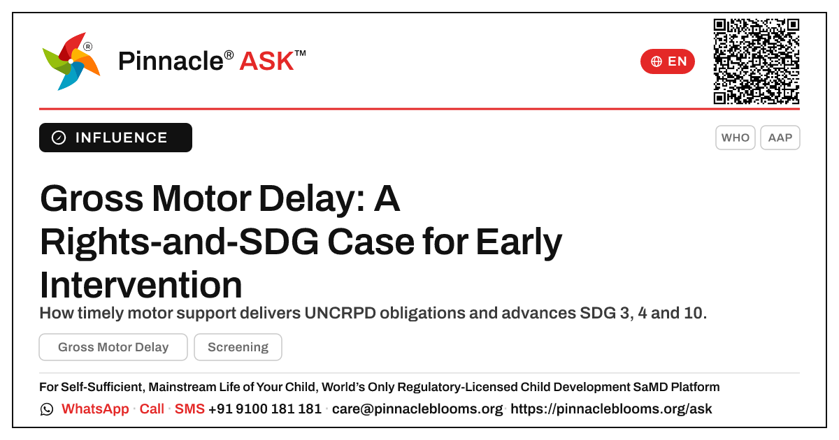 Early Intervention for Gross Motor Delay: Advancing UNCRPD and the SDGs — Pinnacle Ask answer card with a short explanation and QR link