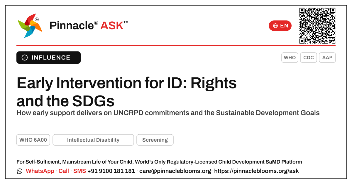 Early Intervention for Intellectual Disability and the UNCRPD/SDGs — Pinnacle Ask answer card with a short explanation and QR link