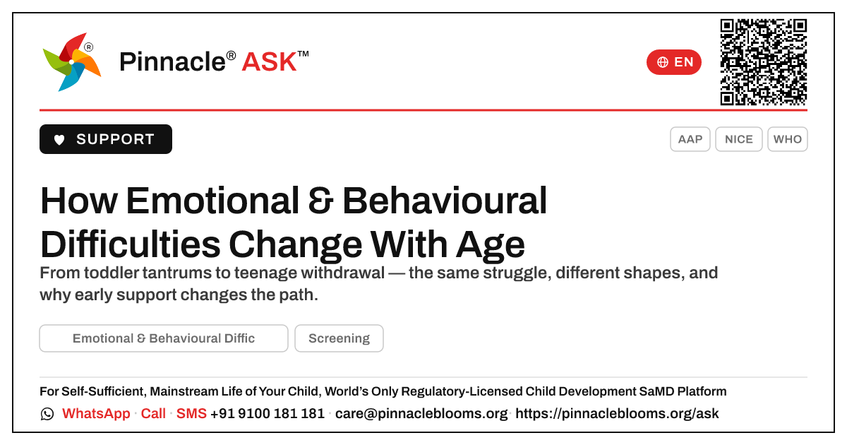 How Emotional & Behavioural Difficulties Change as a Child Grows Older — Pinnacle Ask answer card with a short explanation and QR link