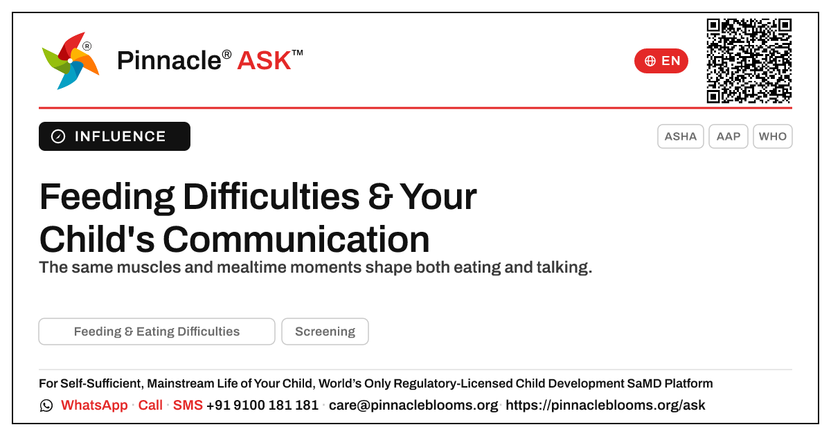 How Feeding & Eating Difficulties Affect Communication Development — Pinnacle Ask answer card with a short explanation and QR link