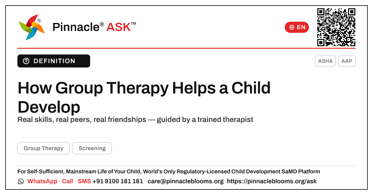 How does group therapy help a child develop? — Pinnacle Ask answer card with a short explanation and QR link