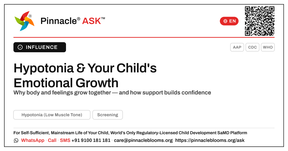 How Hypotonia Affects a Child's Emotional Development — Pinnacle Ask answer card with a short explanation and QR link
