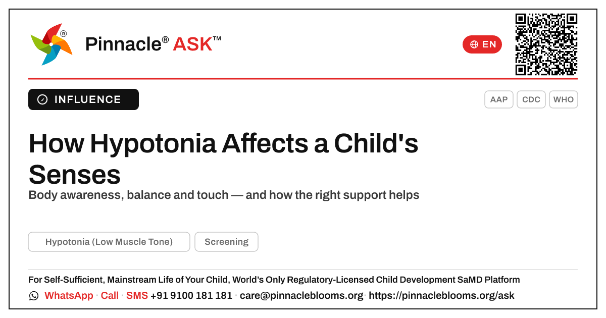 How Hypotonia Affects a Child's Sensory Development — Pinnacle Ask answer card with a short explanation and QR link
