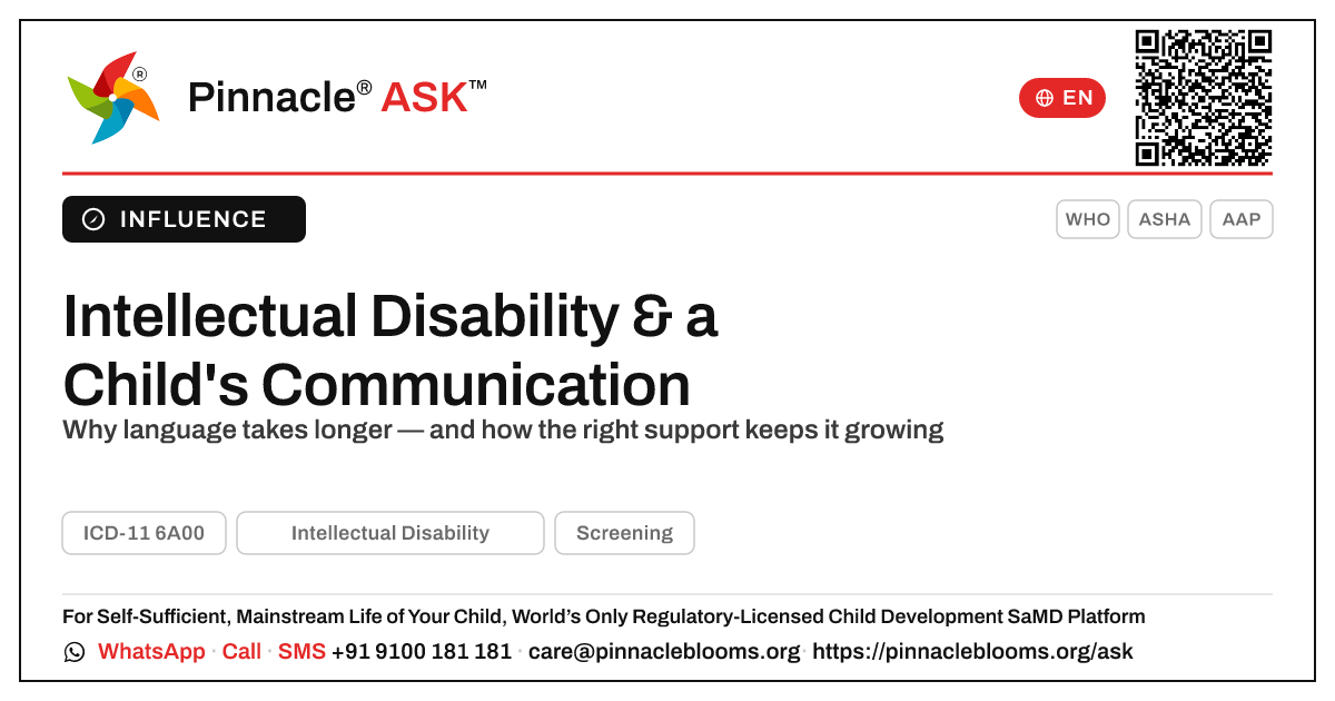 How Intellectual Disability Affects Communication Development — Pinnacle Ask answer card with a short explanation and QR link