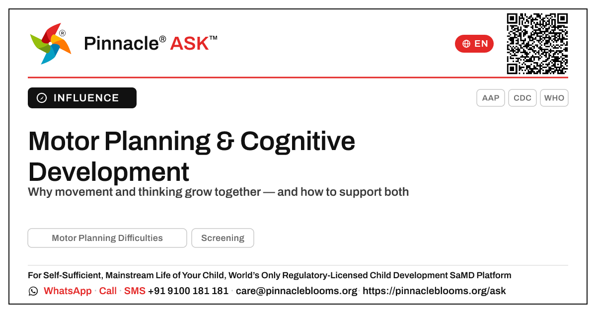 How Motor Planning Difficulties Affect Cognitive Development — Pinnacle Ask answer card with a short explanation and QR link