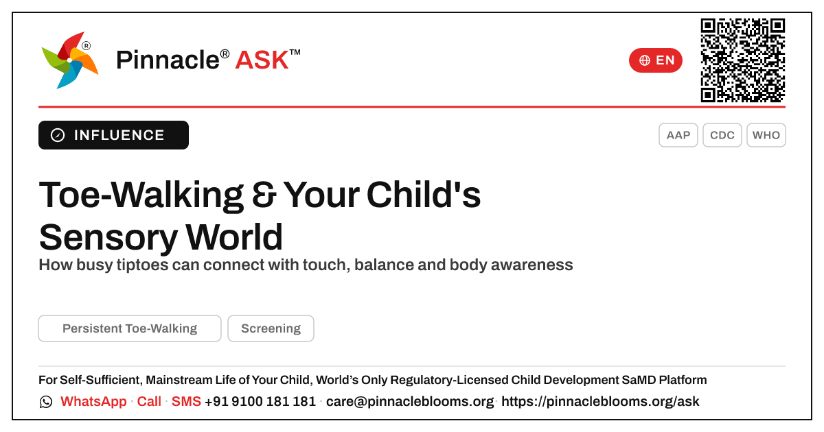 How Persistent Toe-Walking Affects Sensory Development — Pinnacle Ask answer card with a short explanation and QR link