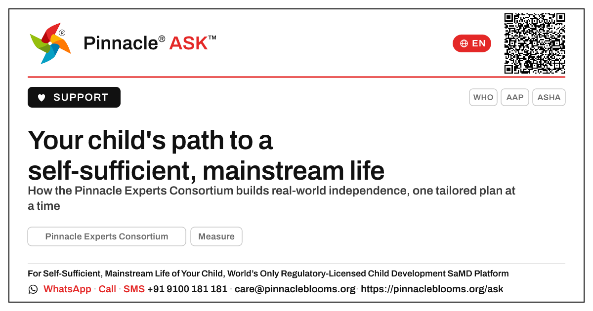 How the Pinnacle Experts Consortium supports your child's path to independence — Pinnacle Ask answer card with a short explanation and QR link