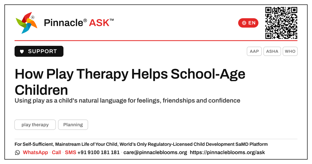 How Play Therapy Helps School-Age Children — Pinnacle Ask answer card with a short explanation and QR link