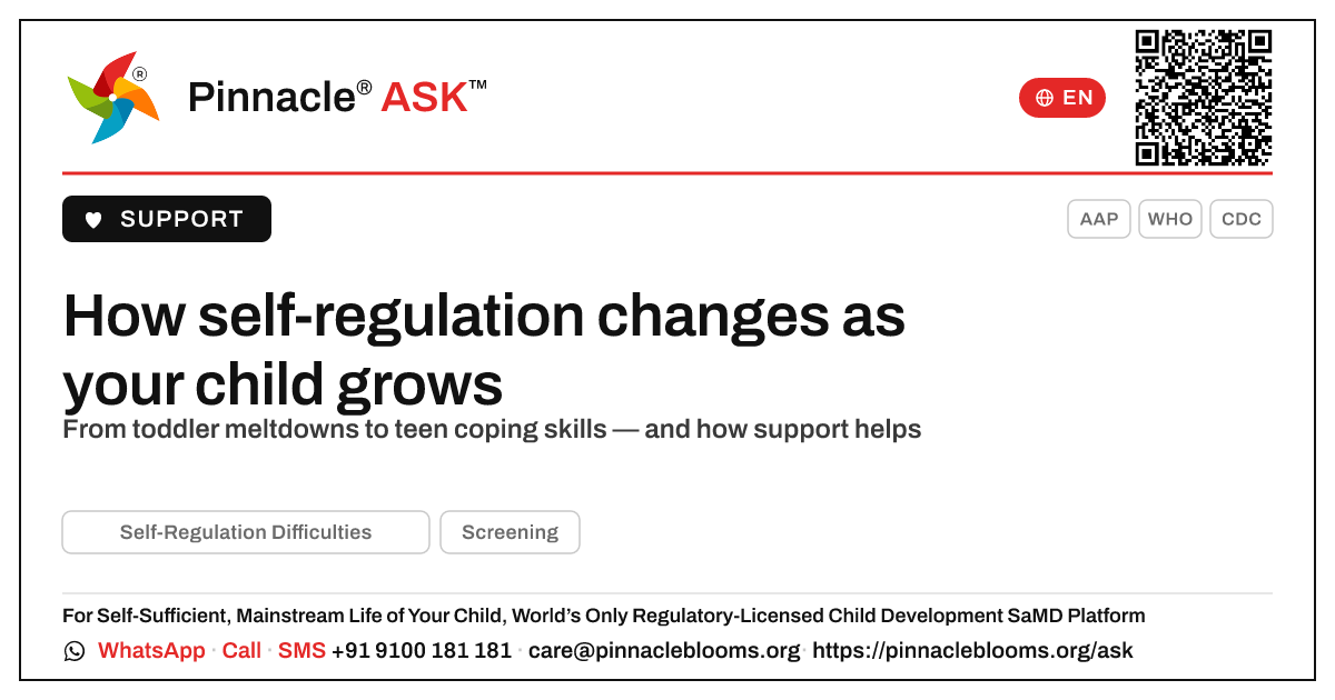 How does Self-Regulation Difficulties change as a child grows older? — Pinnacle Ask answer card with a short explanation and QR link